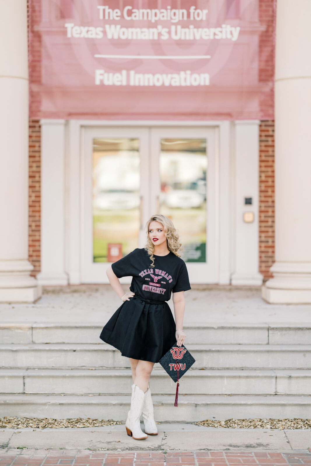 Avery in a TWU t-shirt and skirt during her graduation session.